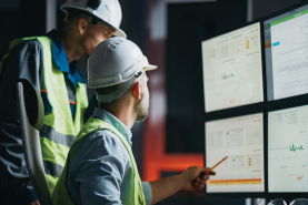 two construction employees looking at computer