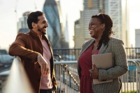 man and woman talking