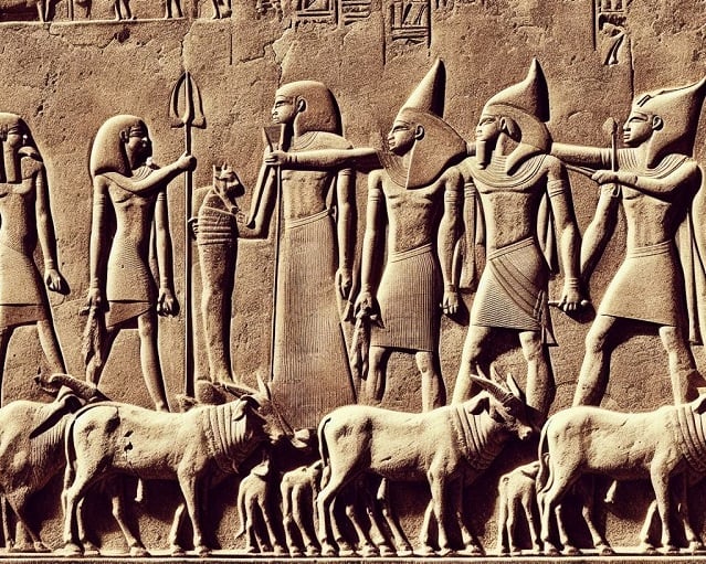 AI Dall-e image in the style of an ancient Egyptian pyramid relief of a pharaoh and his retinue counting cattle.