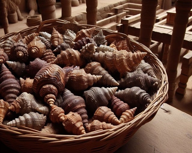 Dall-e image of "a basket of spondylus shells in an Inca Temple."
