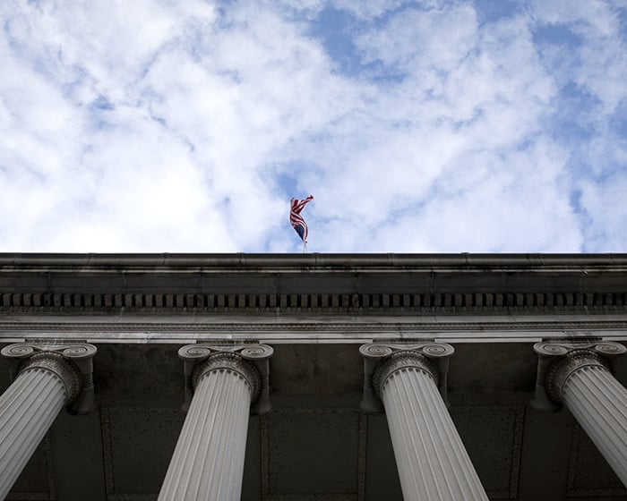 Flag and Columns infront of the US Treasury Department Building