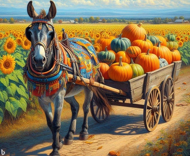 Dall-E image "A mule pulling a cart full of pumpkins"