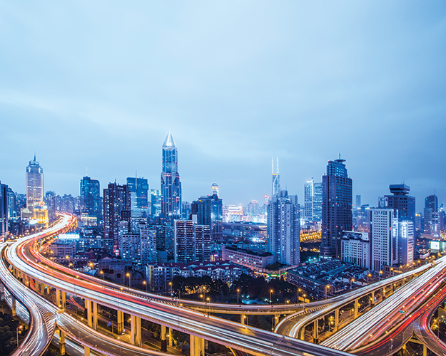 city skyline and highways