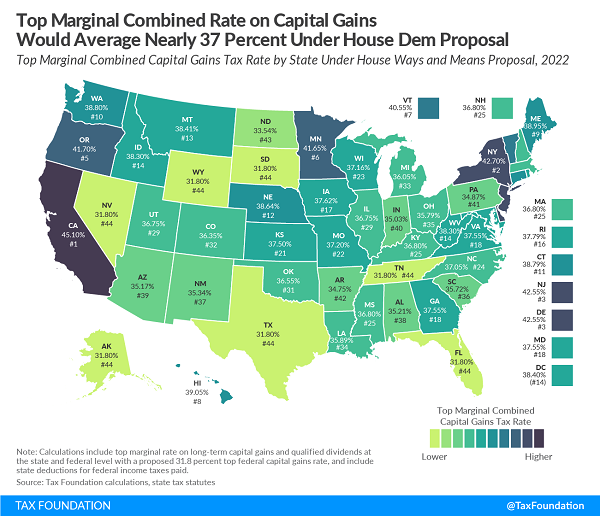 Tax Foundation map combined gain taxes Wyden propoal
