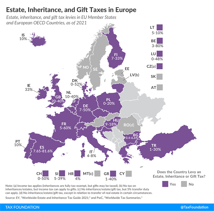 Tax Foundation 2022 map of Europe estate tax rates