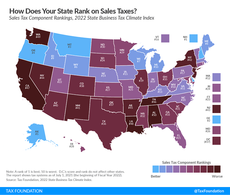 Tax Foundation map of 2022 Business Tax Climate Index sales tax component