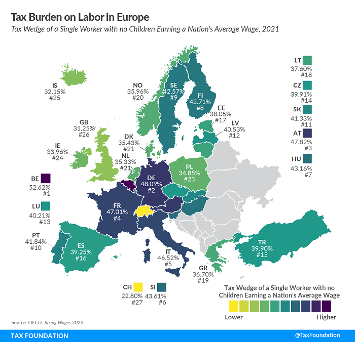 Tax Foundation 2022 map of European labor tax burden.
