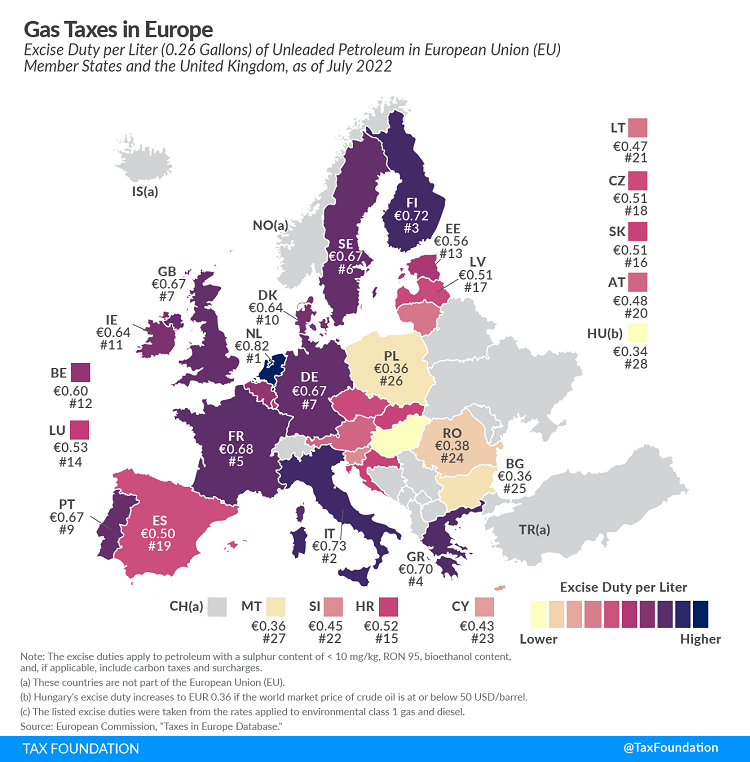 Tax Foundation 2022 map European gas taxes