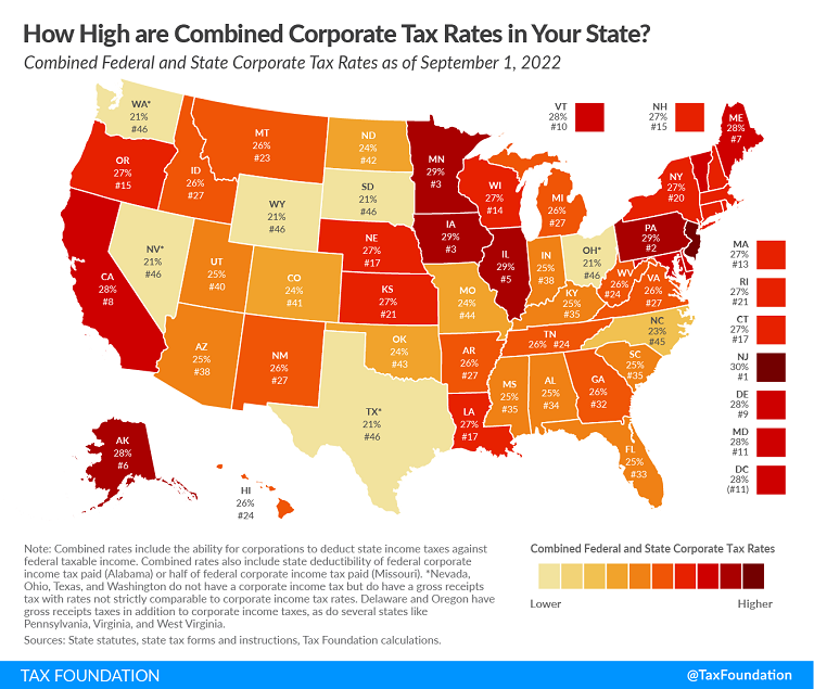Tax Foundation 2022 map of combined federal and state corporate income tax rates