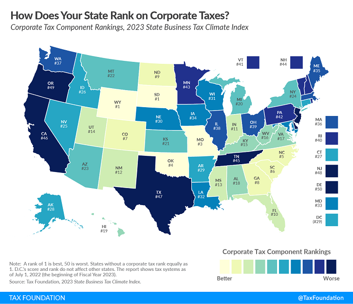 Tax Foundation 2022 business climate index corporation component map