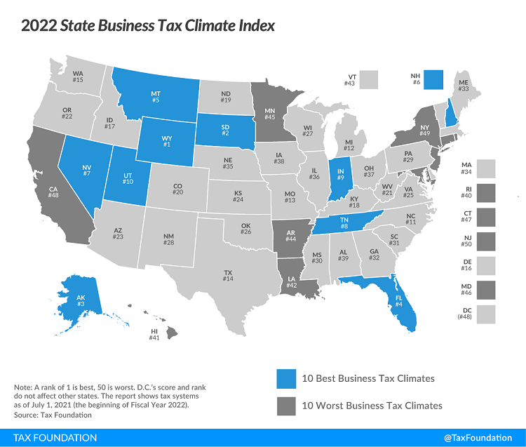 Tax Foundation 2022 State Business Tax Climate Index map