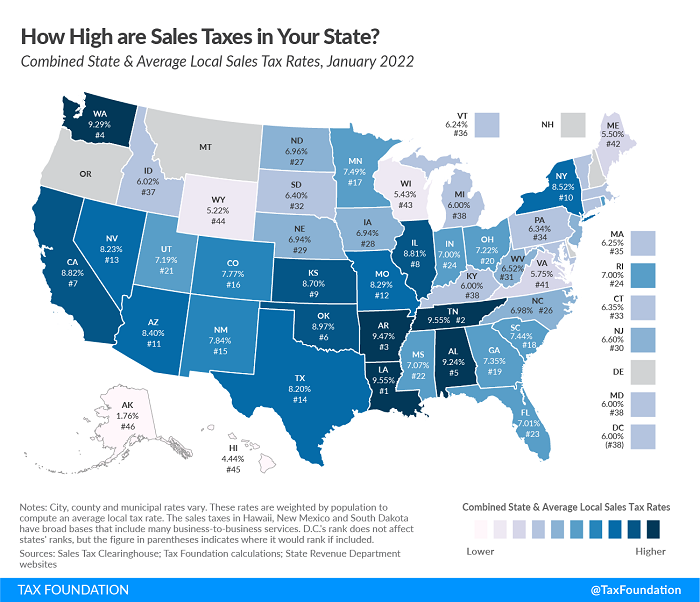 Tax Foundation map of state sales tax rates 2022