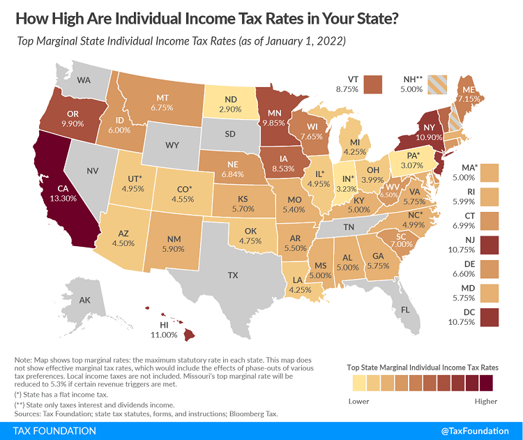 Tax Foundation 2022 map of state individual tax rates