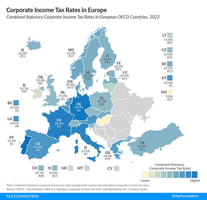 Tax Foundation 2022 map of corporation tax rates