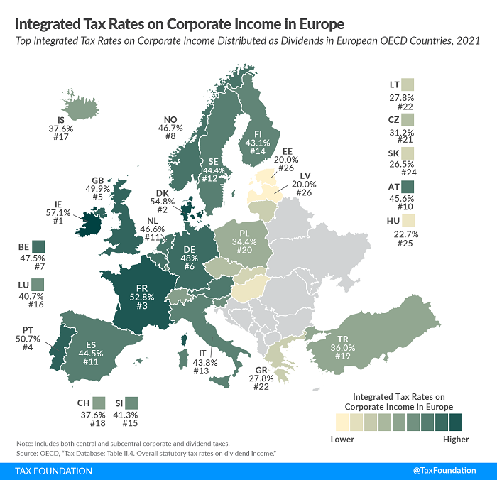 Tax Foundation 2022 map of integrated OECD corporate rates