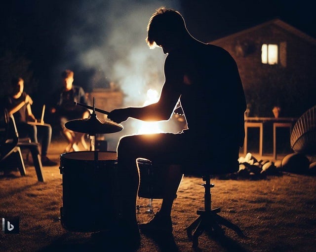 Bing image of "someone playing drums in the backyard at night."
