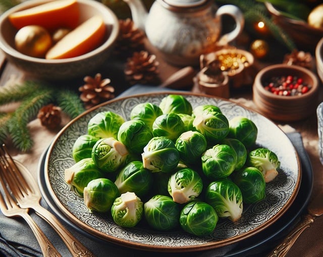 Bing DALL-E 3 image of brussel sprouts on a dinner plate with an nice place setting