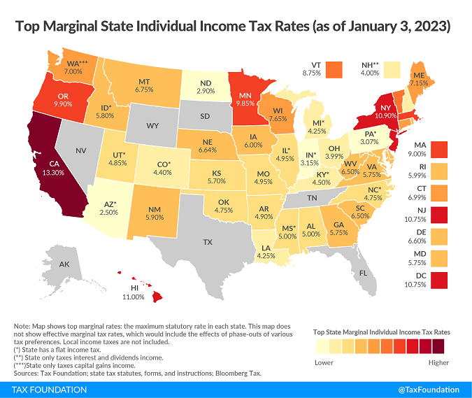Tax Foundation map of 2023 individual state tax rates