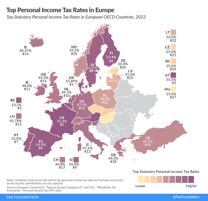 Tax Foundation map 2023 individual tax rates in Europe