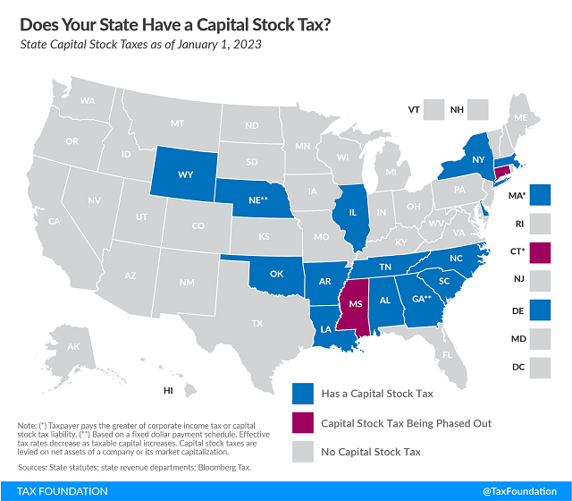 Tax Foundation map of state capital stock taxes 2023