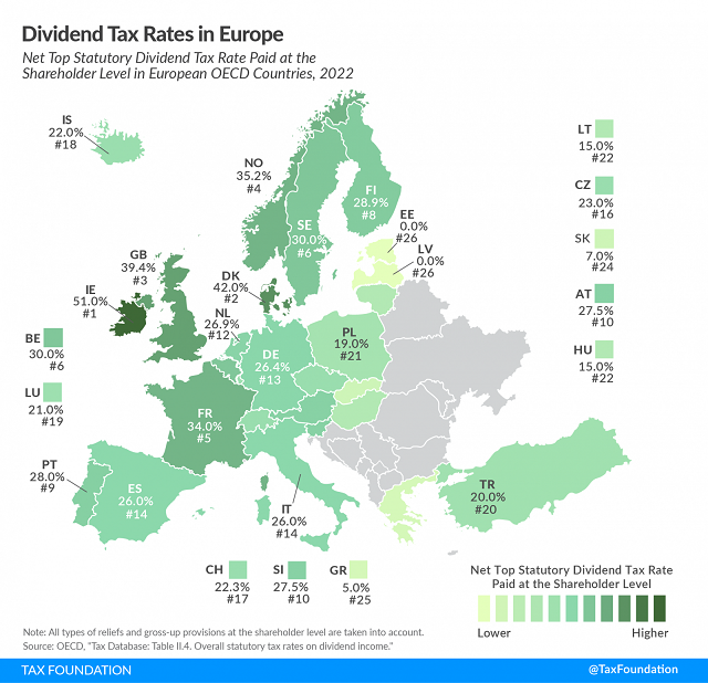 Tax Foundation 2023 map of European dividend tax rates