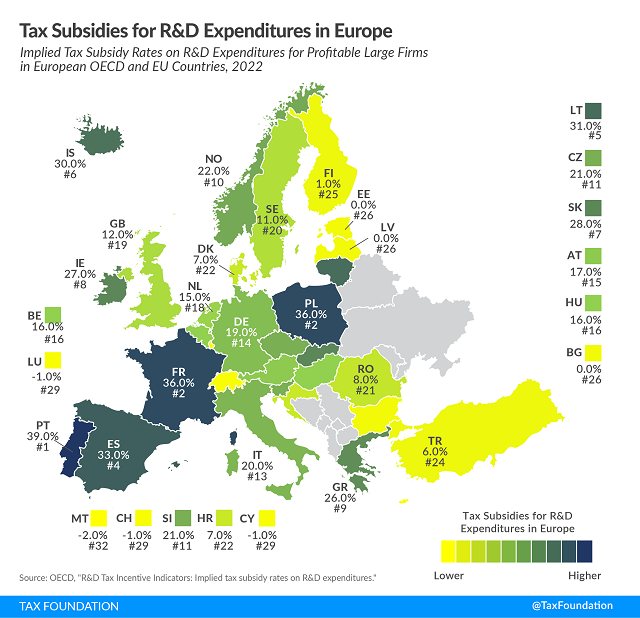 Tax Foundation 2023 map of Europe R&D incentives