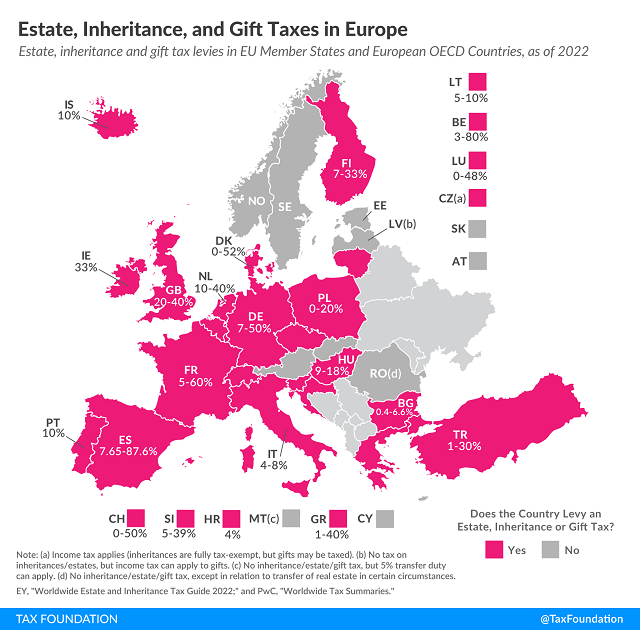 Tax Foundation map of 2023 Europe death taxes