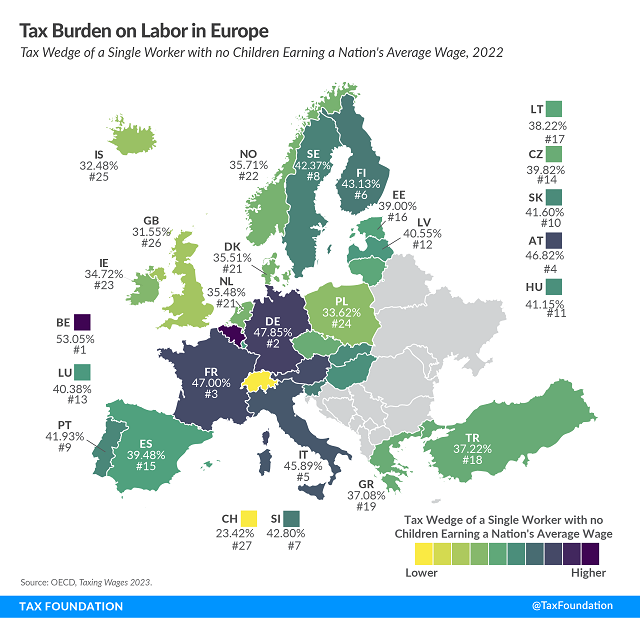 Tax Foundation map of 2023 Tax Burdon on Labor - Europe