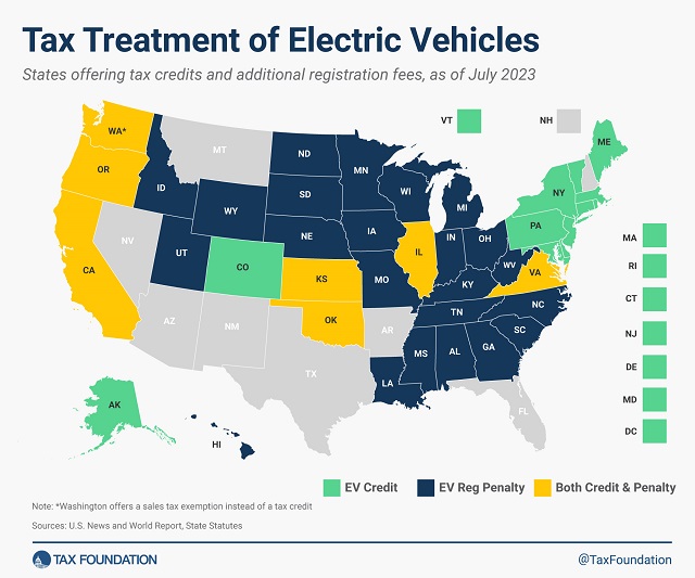 Tax Foundation Map of US state electric vehicle taxation 2023