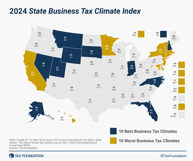 Map of Tax Foundation 2023 Business Tax Climate Index