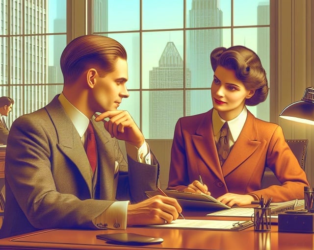 Bing Copilot DALL-E 3 imagining of a professional and a client meeting in an office in 1943