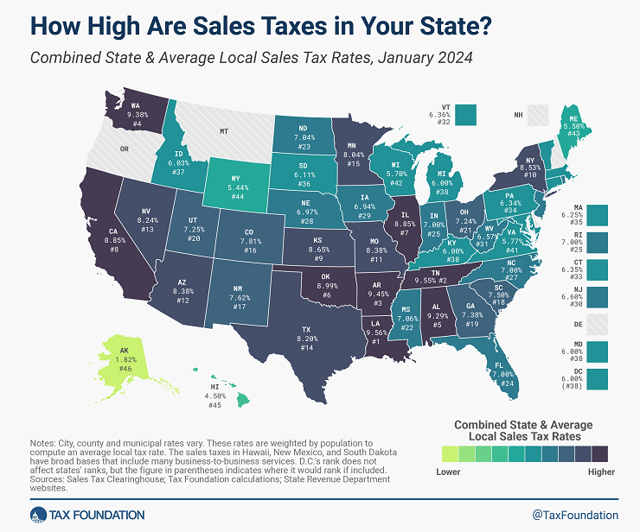 Tax Foundation map of 2024 state sales tax rates