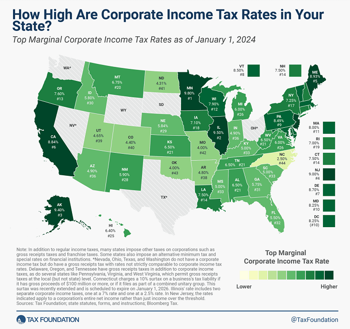 2024 Tax Foundation map of state corporate tax rates