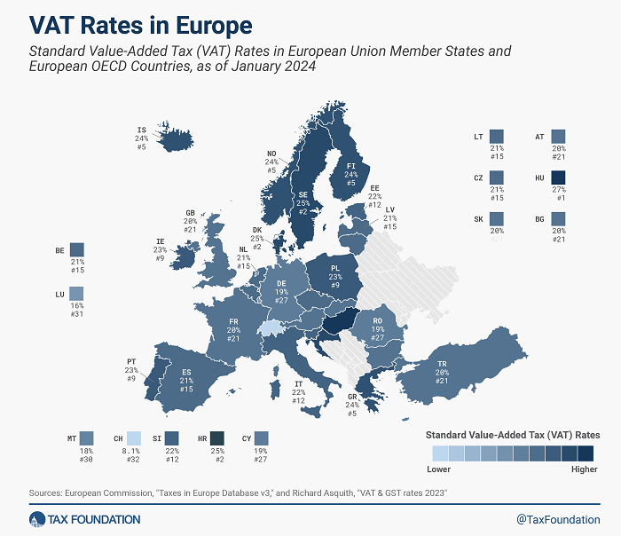 Tax Foundation 2024 Map of European VAT rates