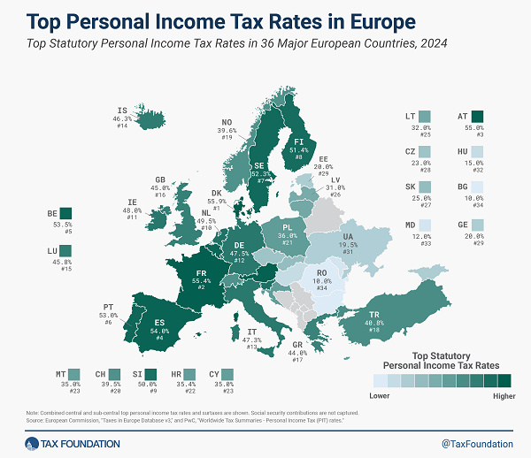 Tax Foundation map 2024 Europe personal income tax rates