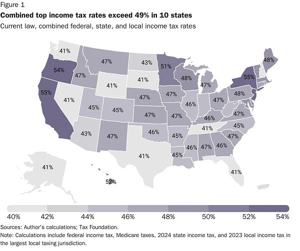 Map by Adam Michel and Liberty Taxed of combined state-federal rates