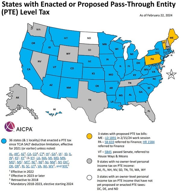 AICPA February 22 2024 map of adoption of PTE taxes