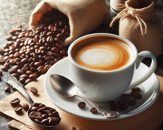 Bing DALL-E 3 image of a nice coffee cup on a granite table next to some coffee beans