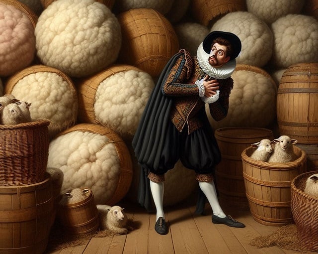 Bing DALL-E 3 image of an Elizabethan era gentleman awkwardly standing in front of bales of wool to hide them from a tax assessor