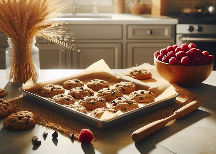 Bing Copilot DALL-E 3 image of chocolate chip cookies on a well-lit kitchen counter.