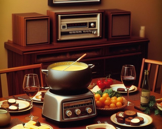 Bing Copilot DALL-E 3 image of a fondue put and 8 track player in a late 1970s dining room