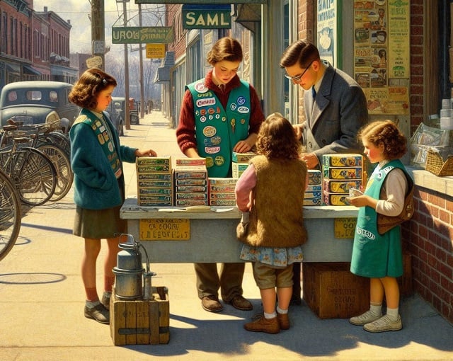 Bing Copilot DALL-E 3 image of girl scouts selling cookies at a table in front of a hardware store in the style of Norman Rockwell