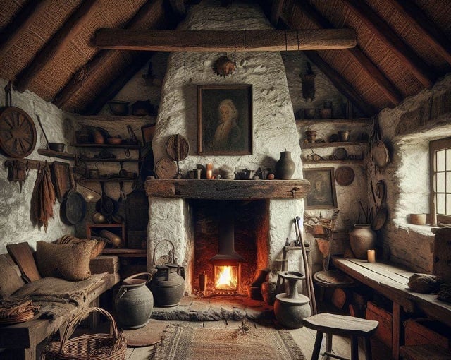  A rustic Irish home in the 17th century with a hearth