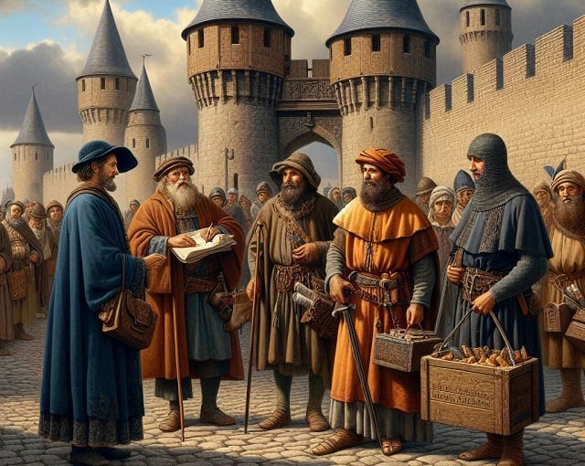 Bing Copilot  DALL-E 3 image of medeival merchants paying toll at a city gate