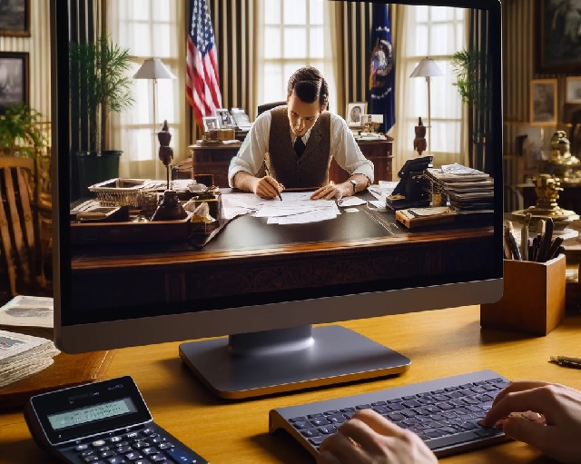 ChatGPT rendering of a webcast of a man preparing a tax return by hand in the oval office