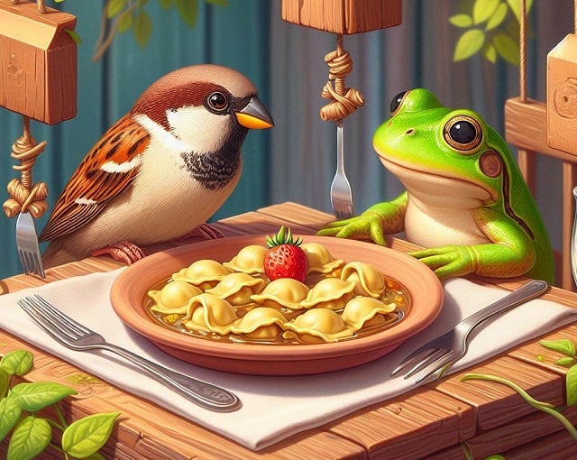 Copilot DALL-E 3 image of a sparrow and a frog sitting down to ravioli in a treetop restaurant