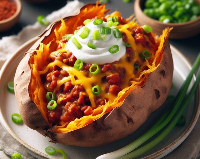 Bing Copilot Dall-E 3 image of a sweet potato loaded with chili