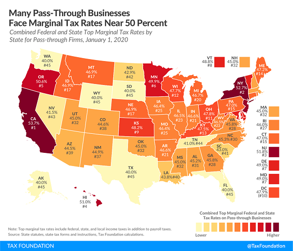 Tax Foundation map of top marginal rates on pass-through income by state