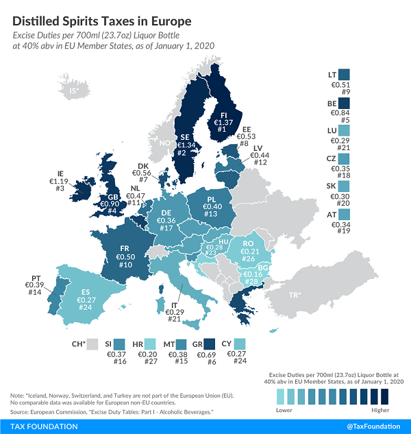 Tax Foundation map of European distilled spirits tax rates