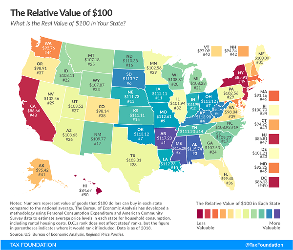 Tax Foundation August 2020 map of value of $100